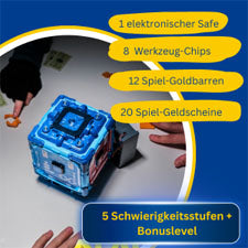 Blauer Spielwürfel mit Geldscheinen, Münzen und Bonus-Chips