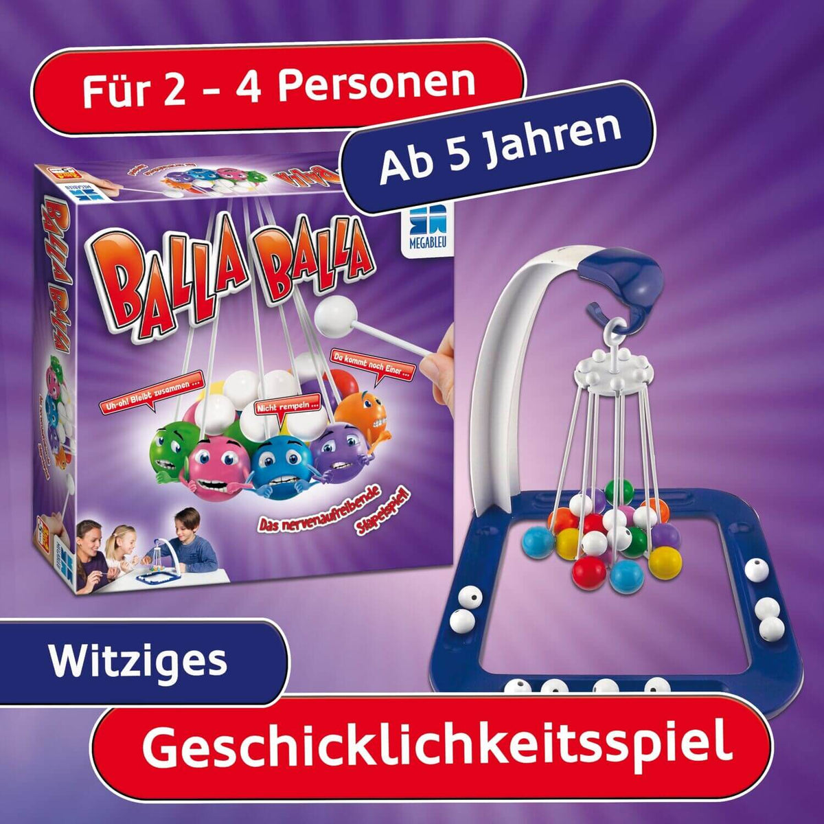 Balla Balla Geschicklichkeitsspiel mit blauem Standfuß und weiß-blauer Kugel-Aufhängung