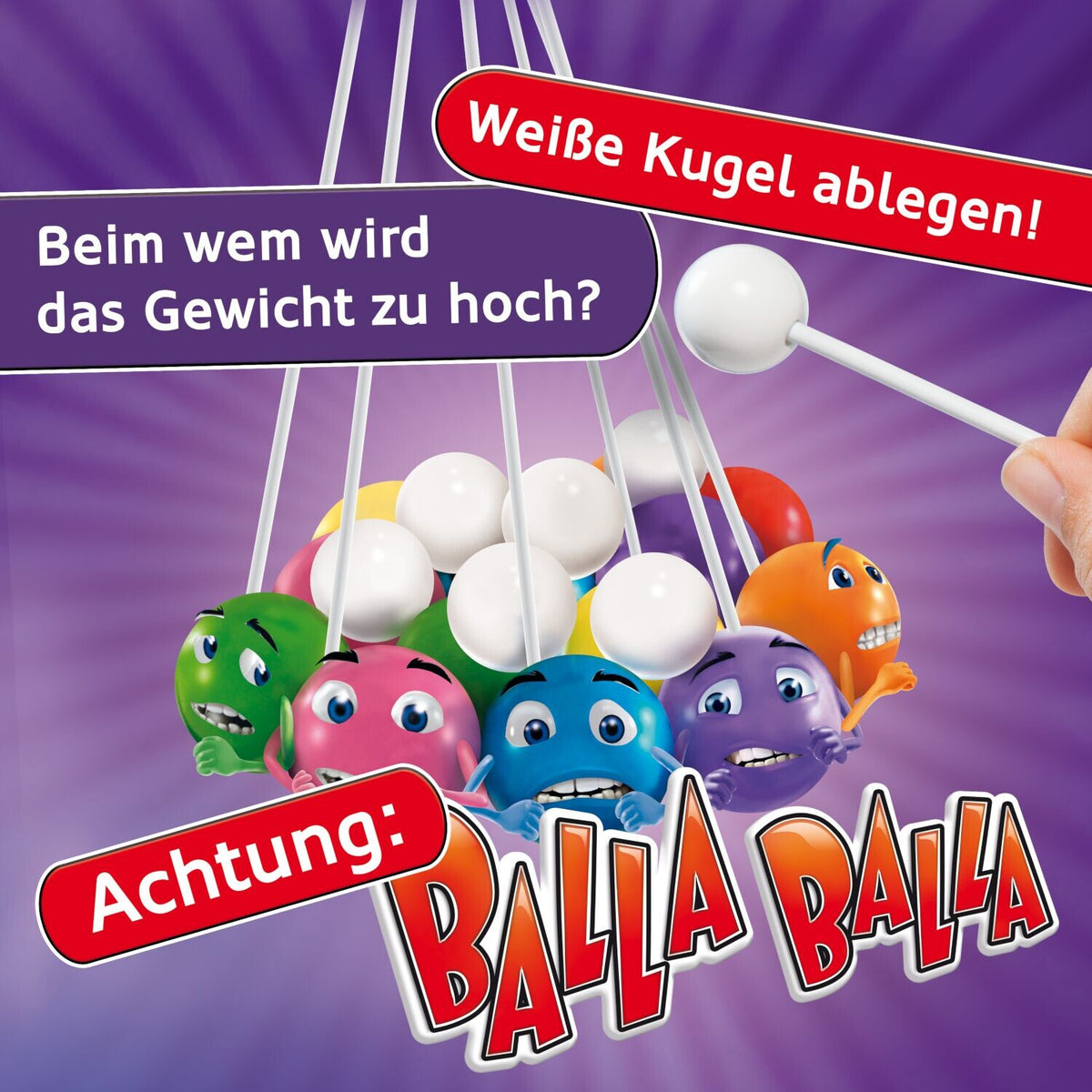 Kugelspiel-Set mit Kugelaufhängung und bunten Figuren; weiße Kugeln an der Stange