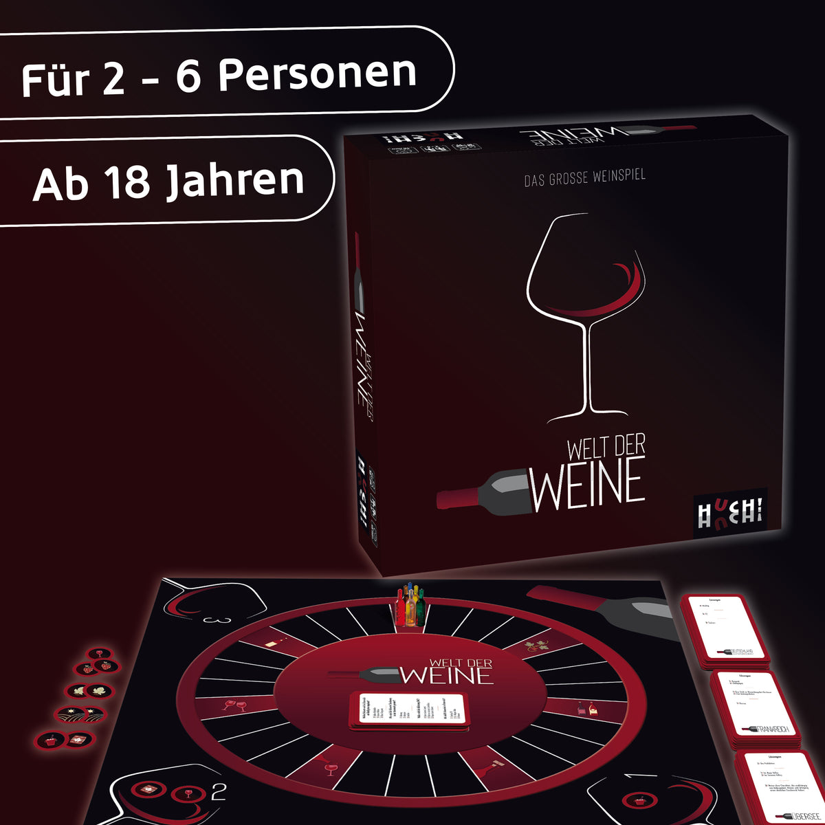 Wein-Quizspiel-Box mit Wein-Glas-Illustration, für 2–6 Personen