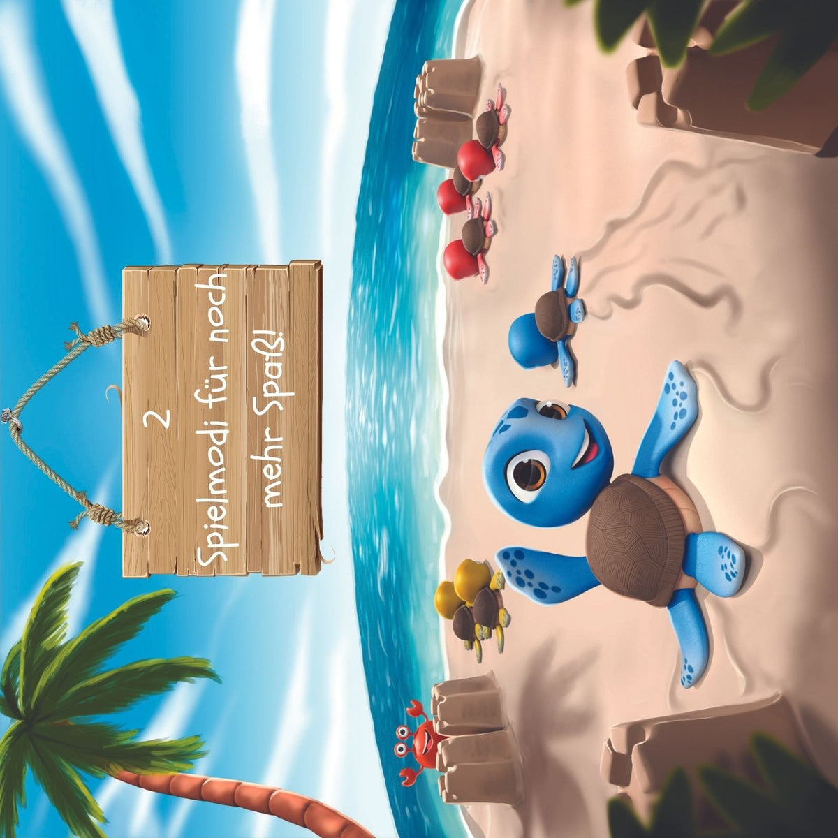 Bingo Beach Spielset: blaue Figuren, Chips und Sandburg-Elemente