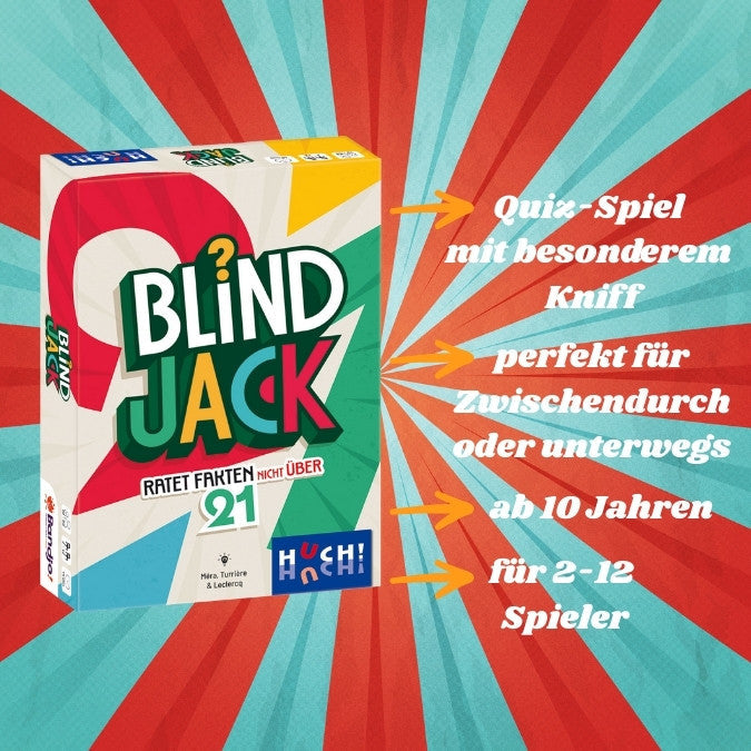 Blind Jack Spielbox mit Rückseiten-Info: „Quiz-Spiel mit besonderem Kniff“