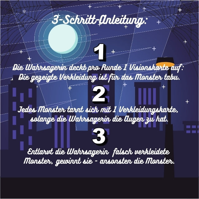 Spielanleitung „3-Schritt-Anleitung“ mit drei nummerierten Schritten 1 bis 3