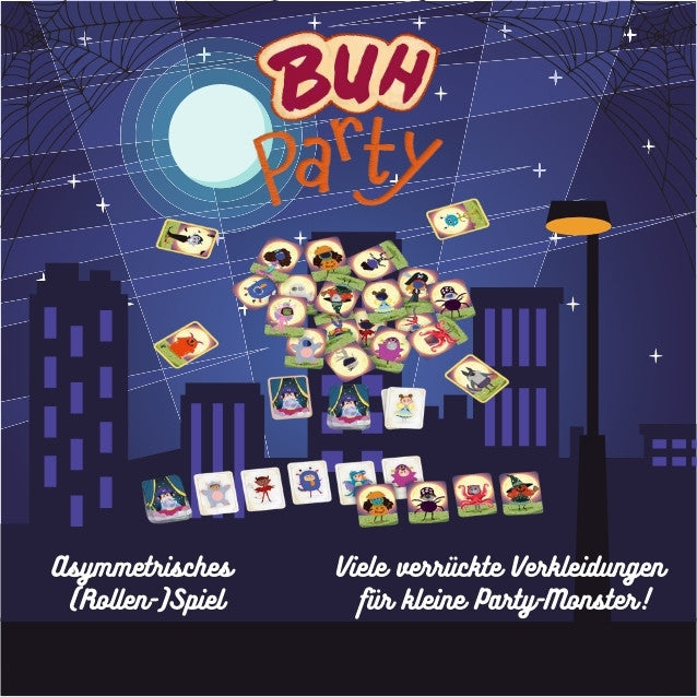 Buh-Party-Spielbox mit Stadt-Party-Design, Karten-Cluster und Schriftzug „Buh Party“