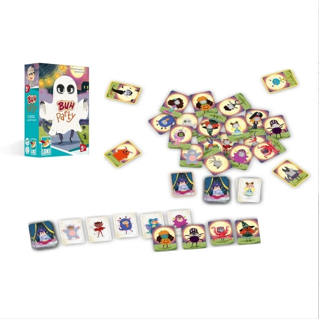 Buh-Party-Spielbox und Karten-Set mit Monster-Motiven, mehrere Karten nebeneinander