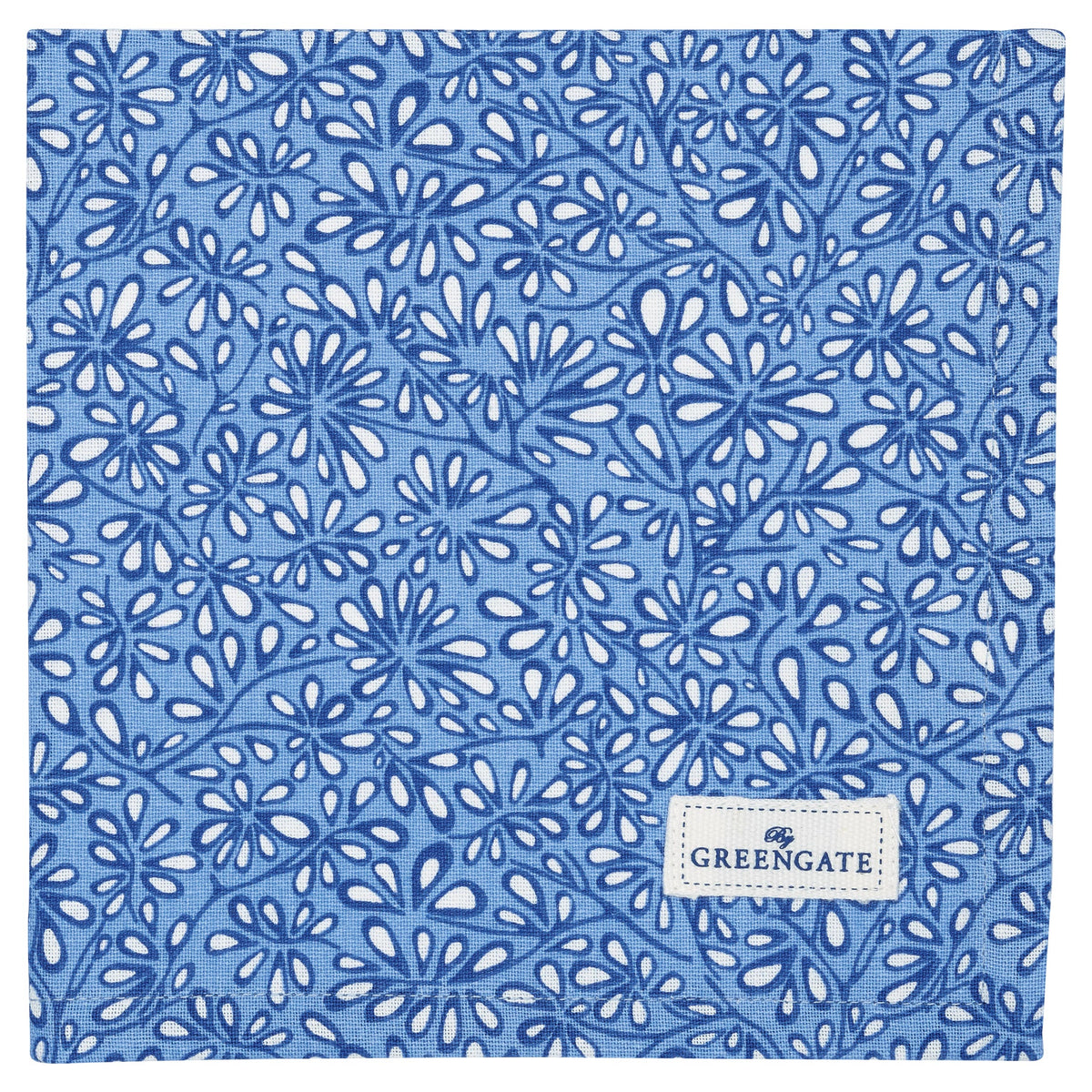 Stoffserviette „Celina“ 40 cm, blaues Blattmuster, mit Label