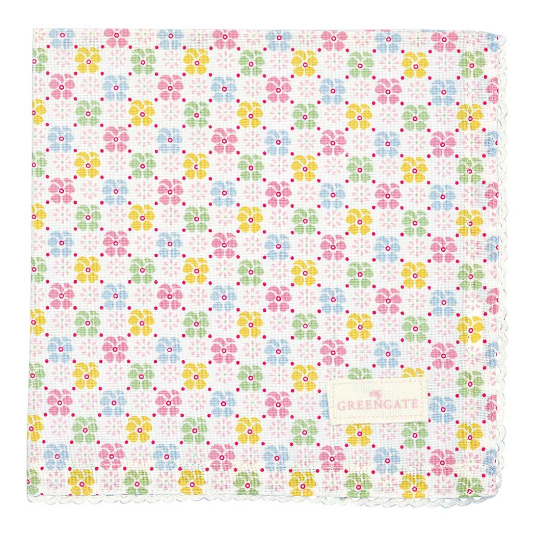 Stoffserviette mit Spitze, weißer Untergrund und buntem Blumenraster, GREENGATE-Etikett