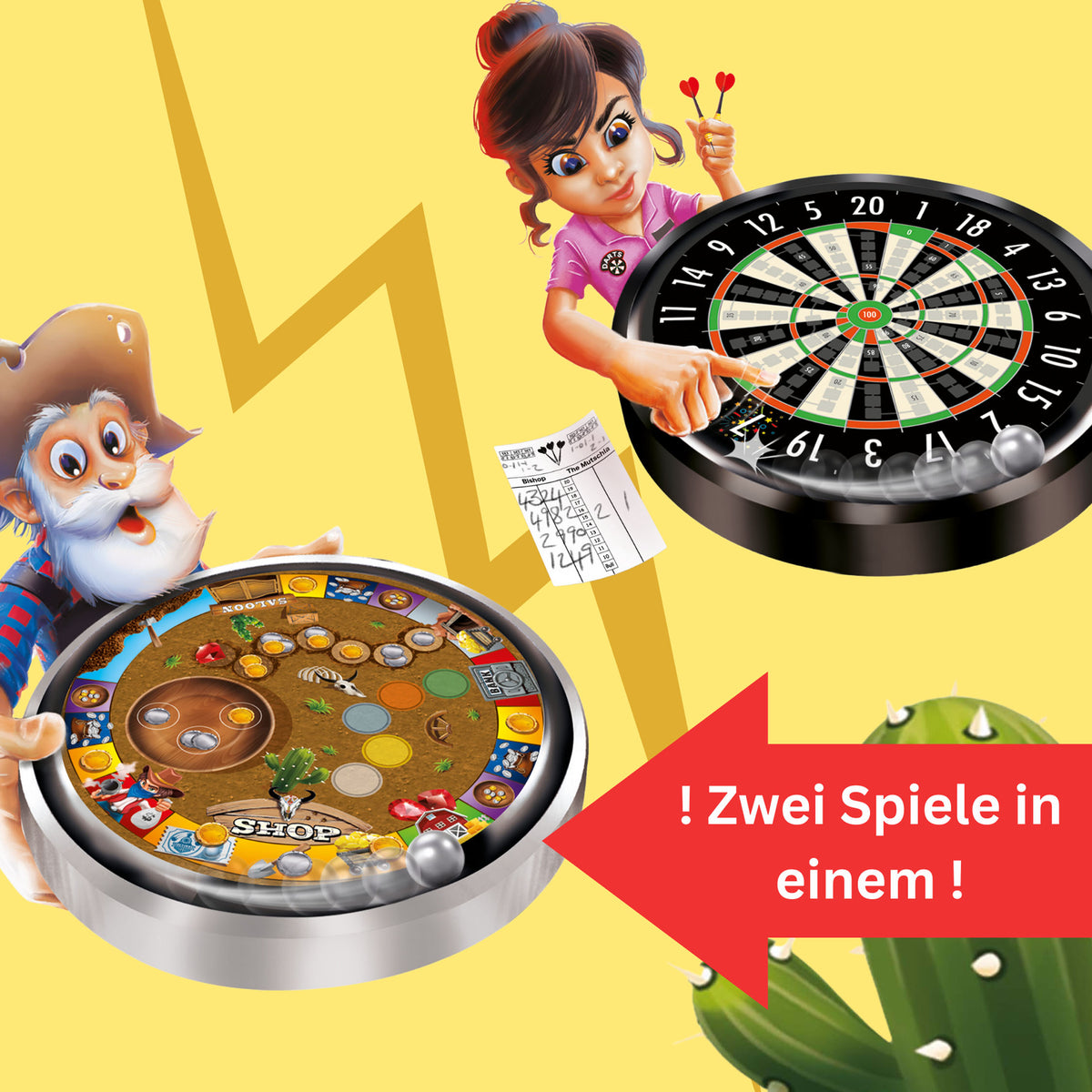 Brettspiel „Kreise“ mit zwei Dart-Scheiben und spielenden Figuren