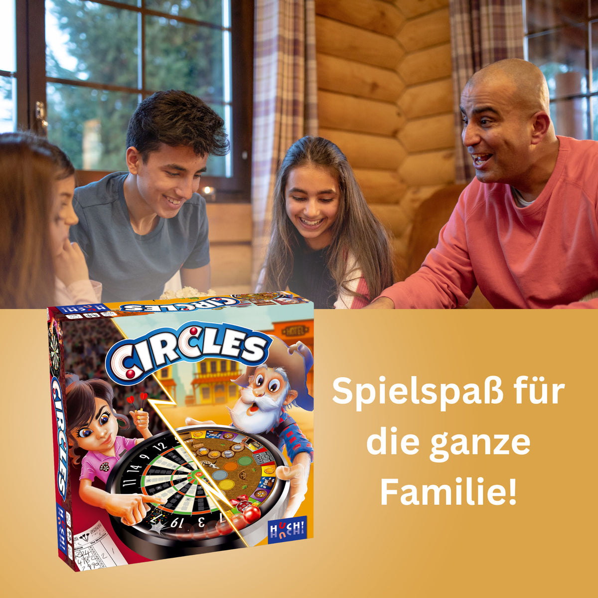 Brettspiel „Kreise“ Kartonpackung, mit Dart-Scheibe und Figuren im Familien-Setting