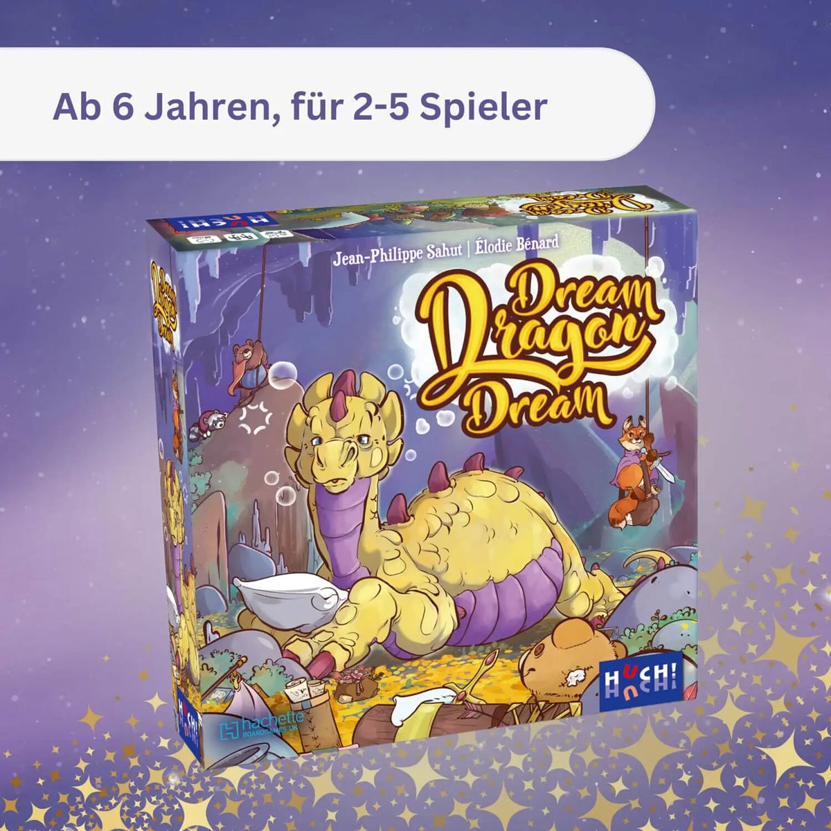 Spielbox des Echtzeit-Memospiels mit gelbem Drachen und Fabelfiguren