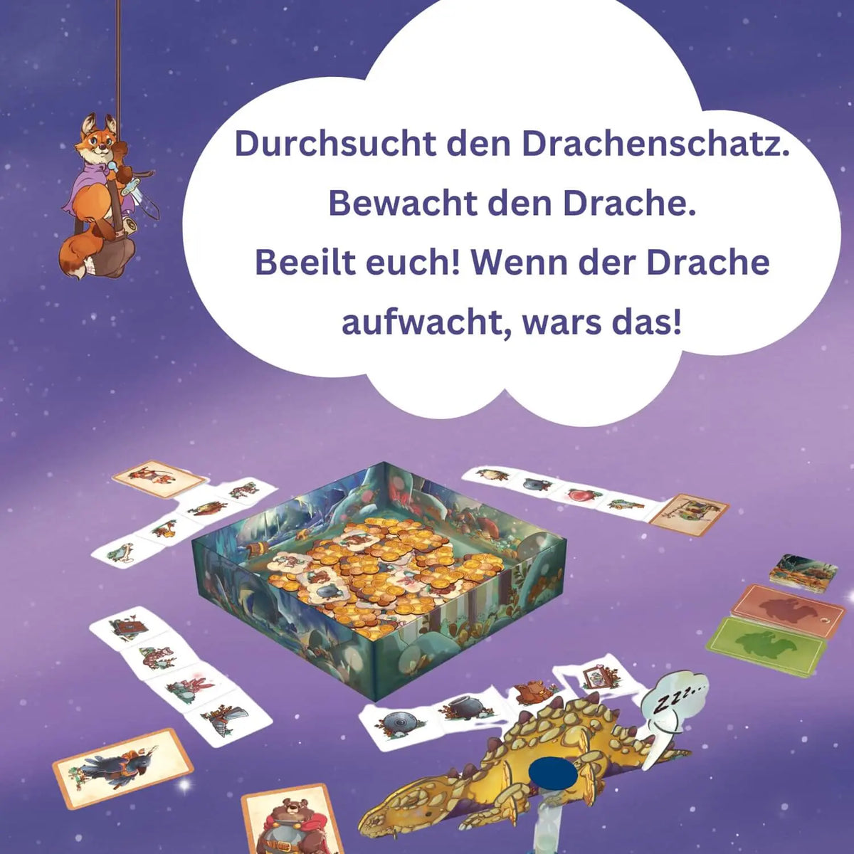Echtzeit-Memospiel mit Drachen-Schatz-Karten, Figuren und Spielfeld