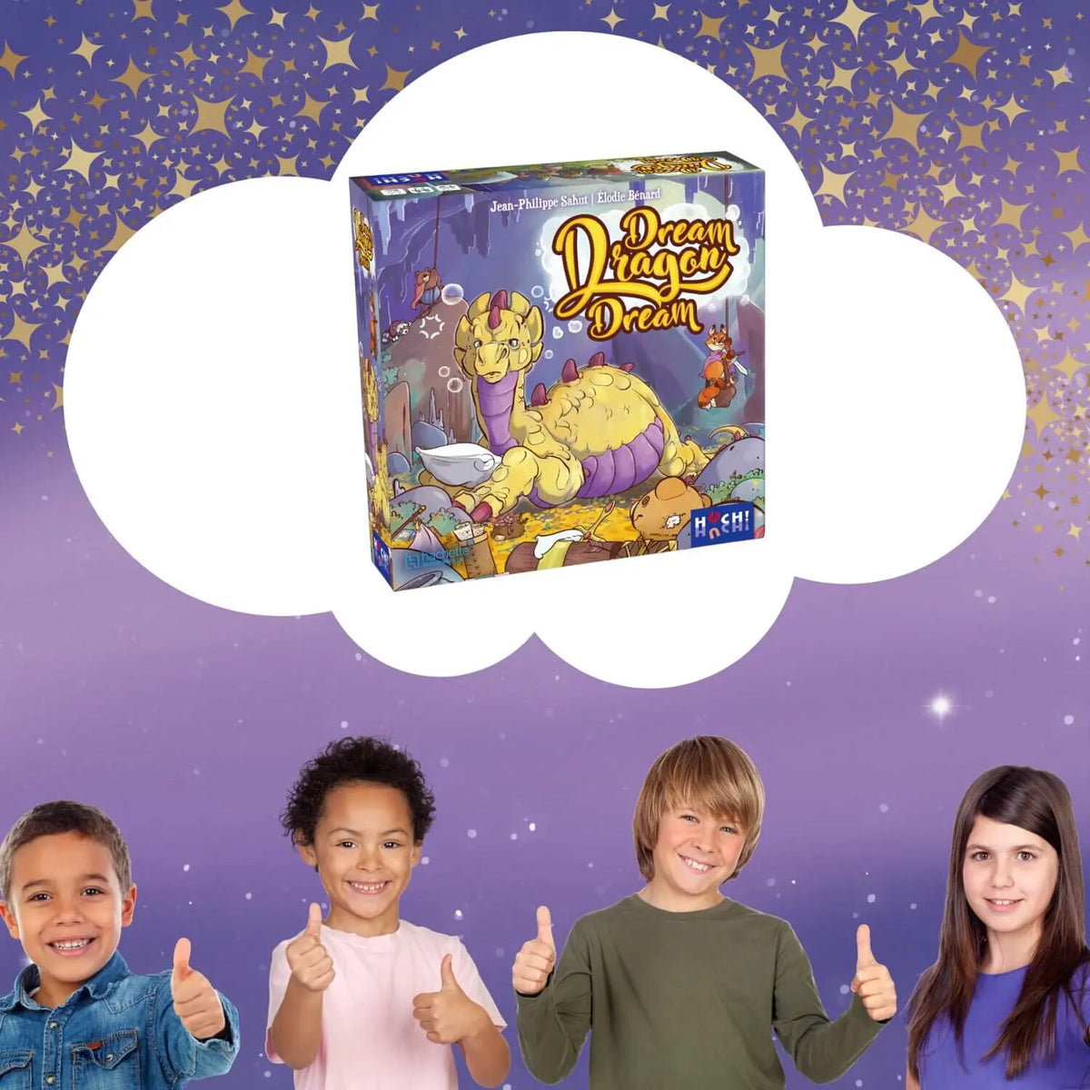Spielbox des kooperativen Echtzeit-Memospiels mit Kindern und Drachenmotiv