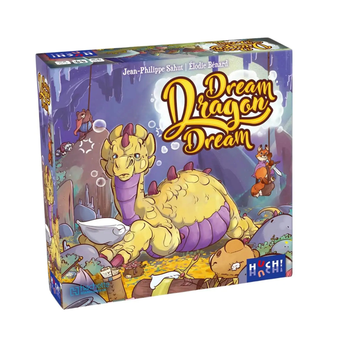 Spielbox des Echtzeit-Memospiels mit gelbem Drachen und Charakteren