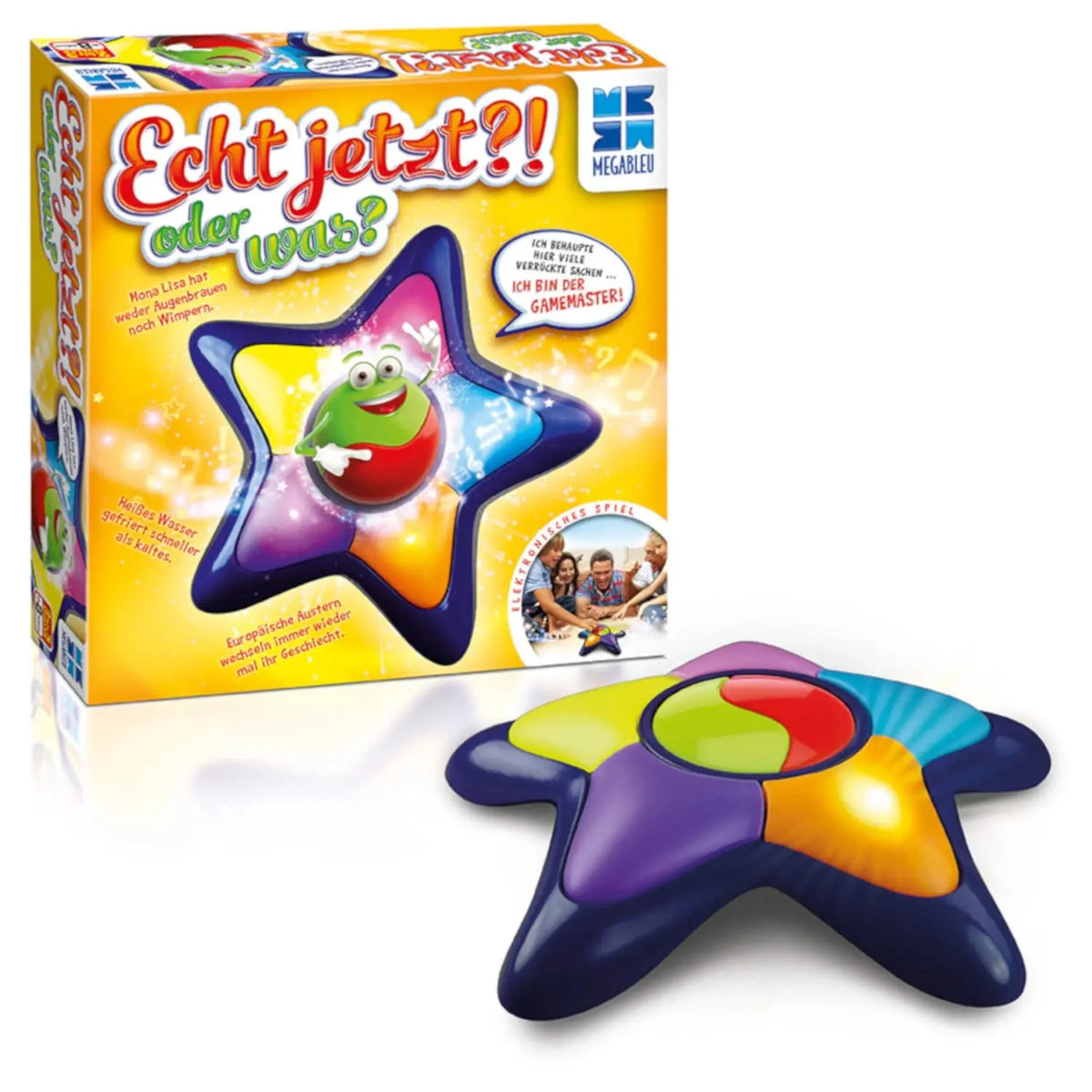Brettspiel-Box und farbige Quiz-Konsole mit lila Sternform