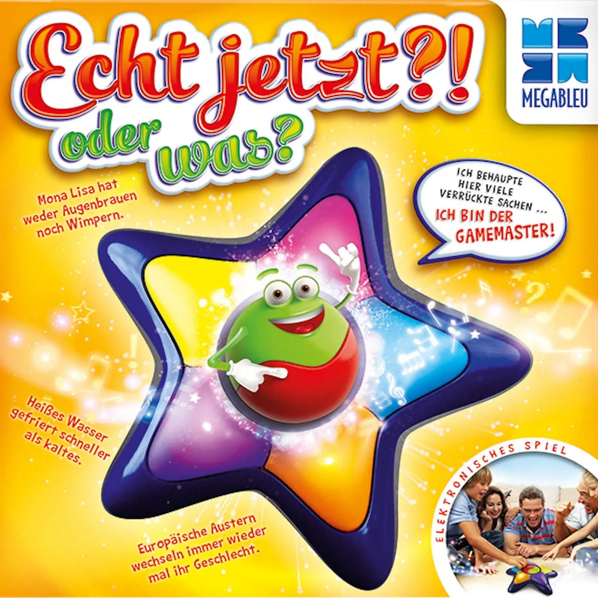 Vorderseite der Brettspiel-Box mit bunter Sterne-Figur und Quiz-Konsole