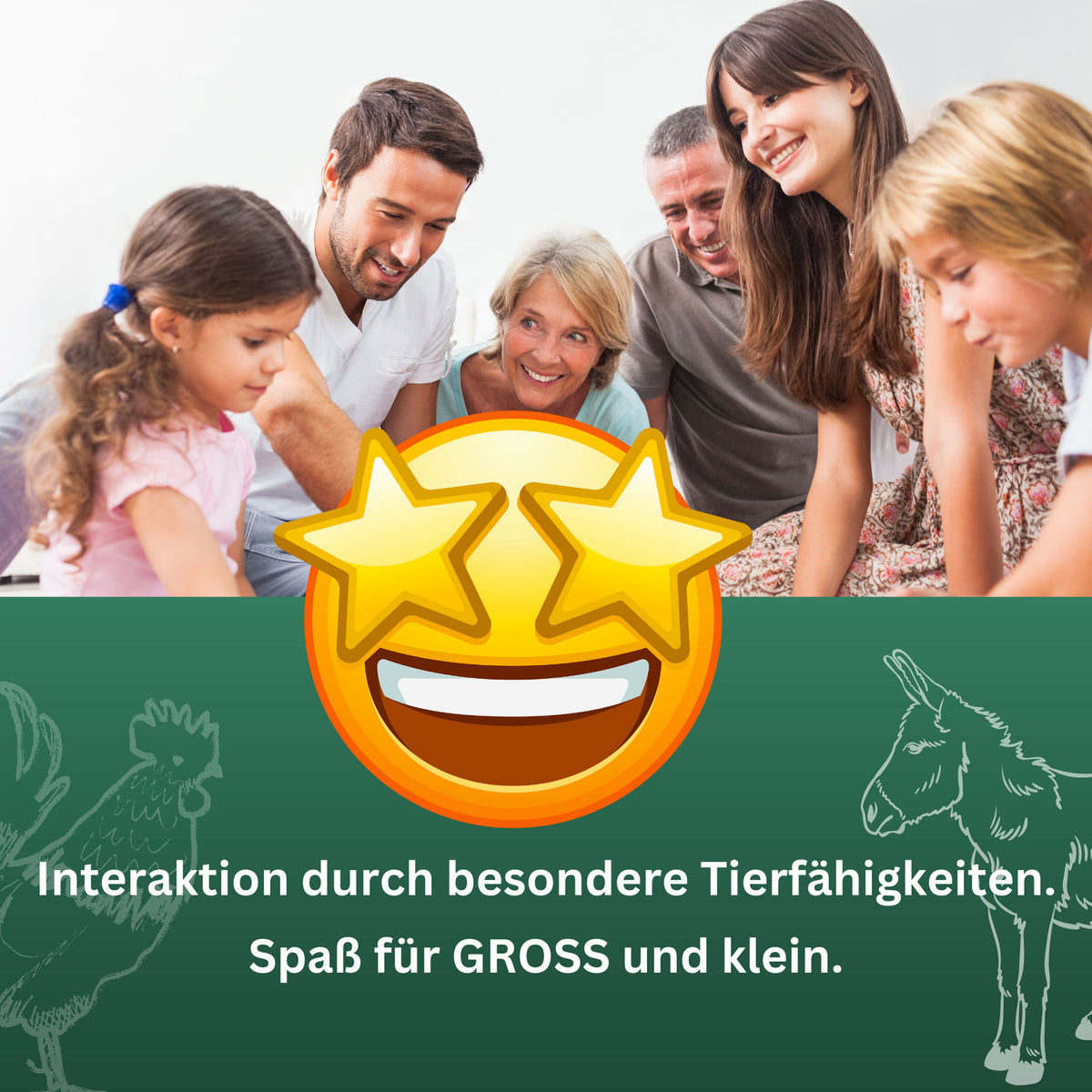 Familien-Brettspiel mit Tierfiguren, fröhliche Runde und Stern-Emblem