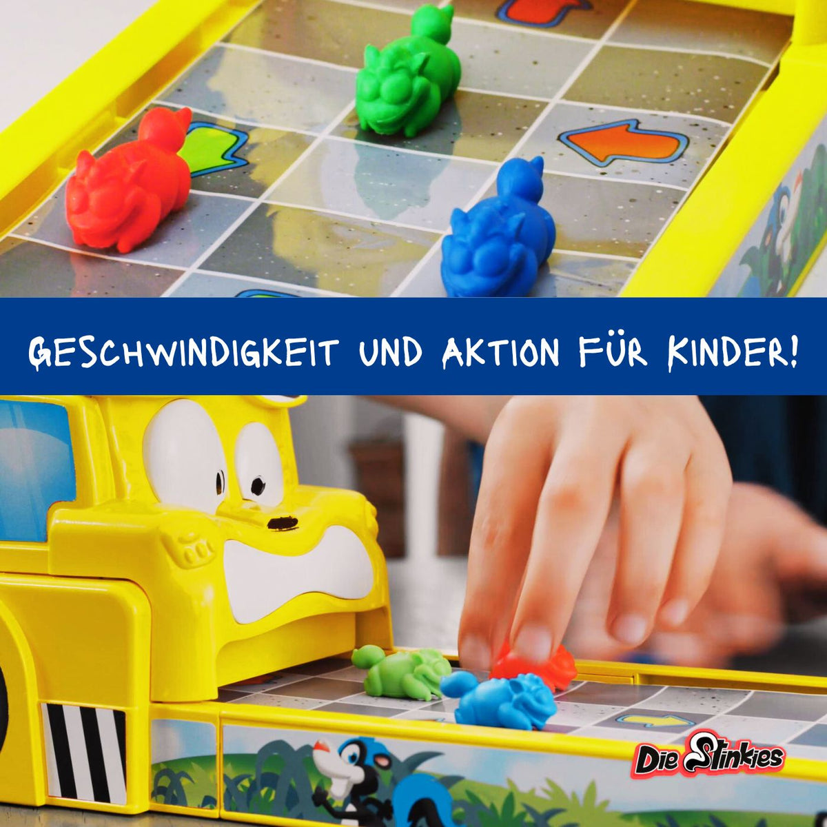 Spielset „Die Stinkies“ mit gelbem Parcours und bunten Figuren auf dem Spielbrett
