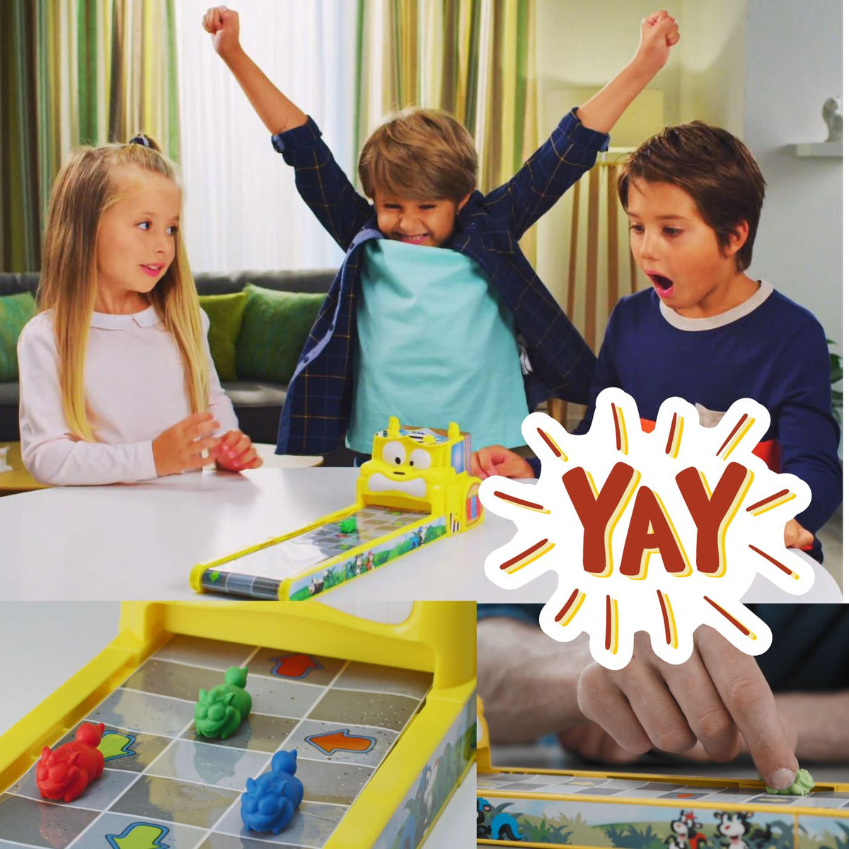 Spielbrett „Die Stinkies“ mit gelbem Spielgerät und farbigen Hindernissen