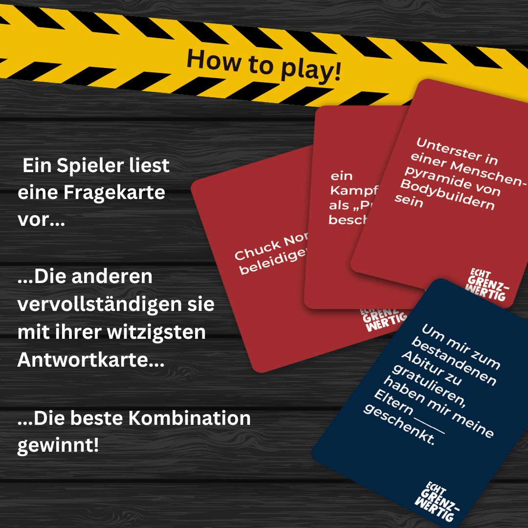 Spielanleitung mit Karten im Vordergrund, rote und blaue Fragekarten auf dunklem Grund