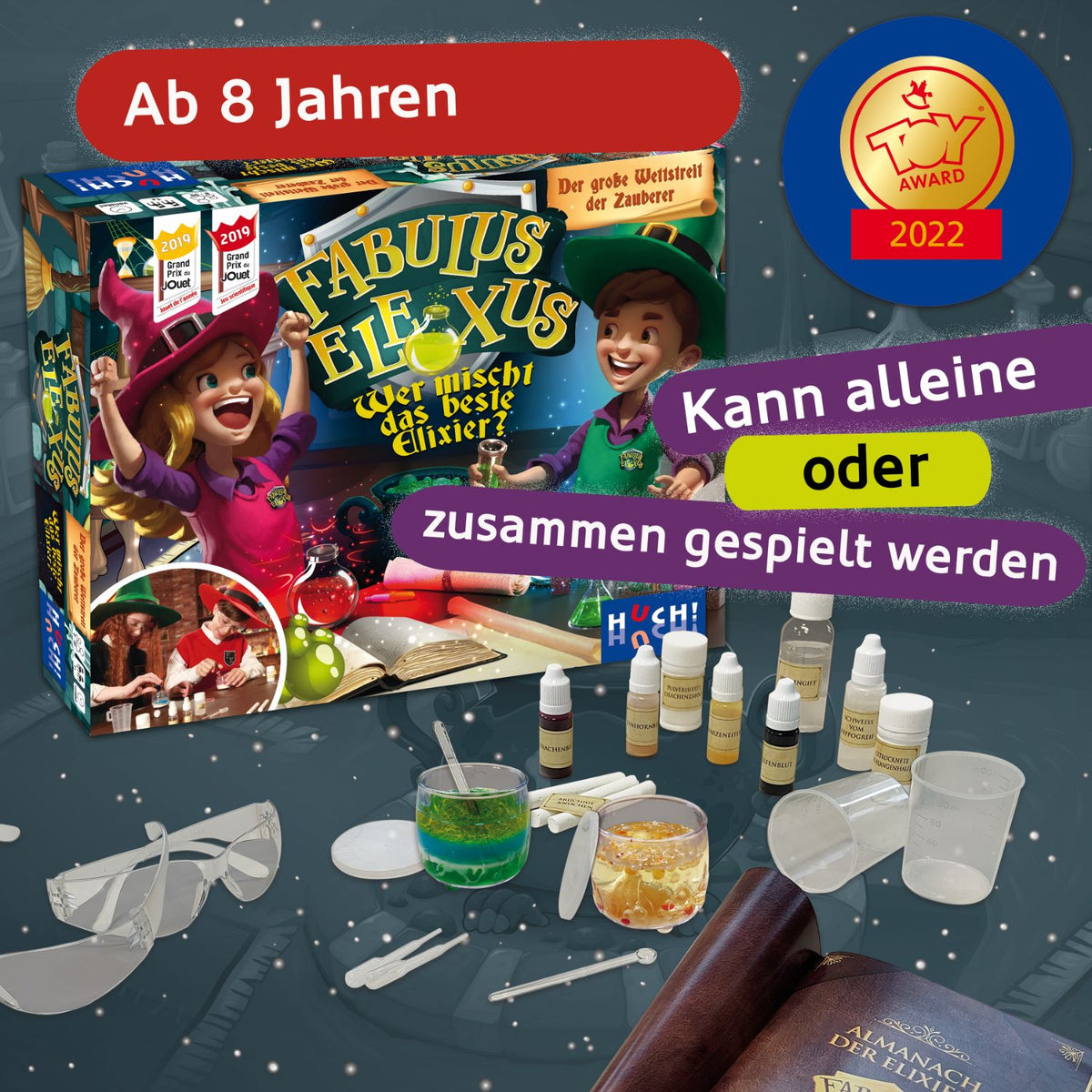 Packungsgestaltung: Altersempfehlung 8+ und Spielhinweis mit Zubehör