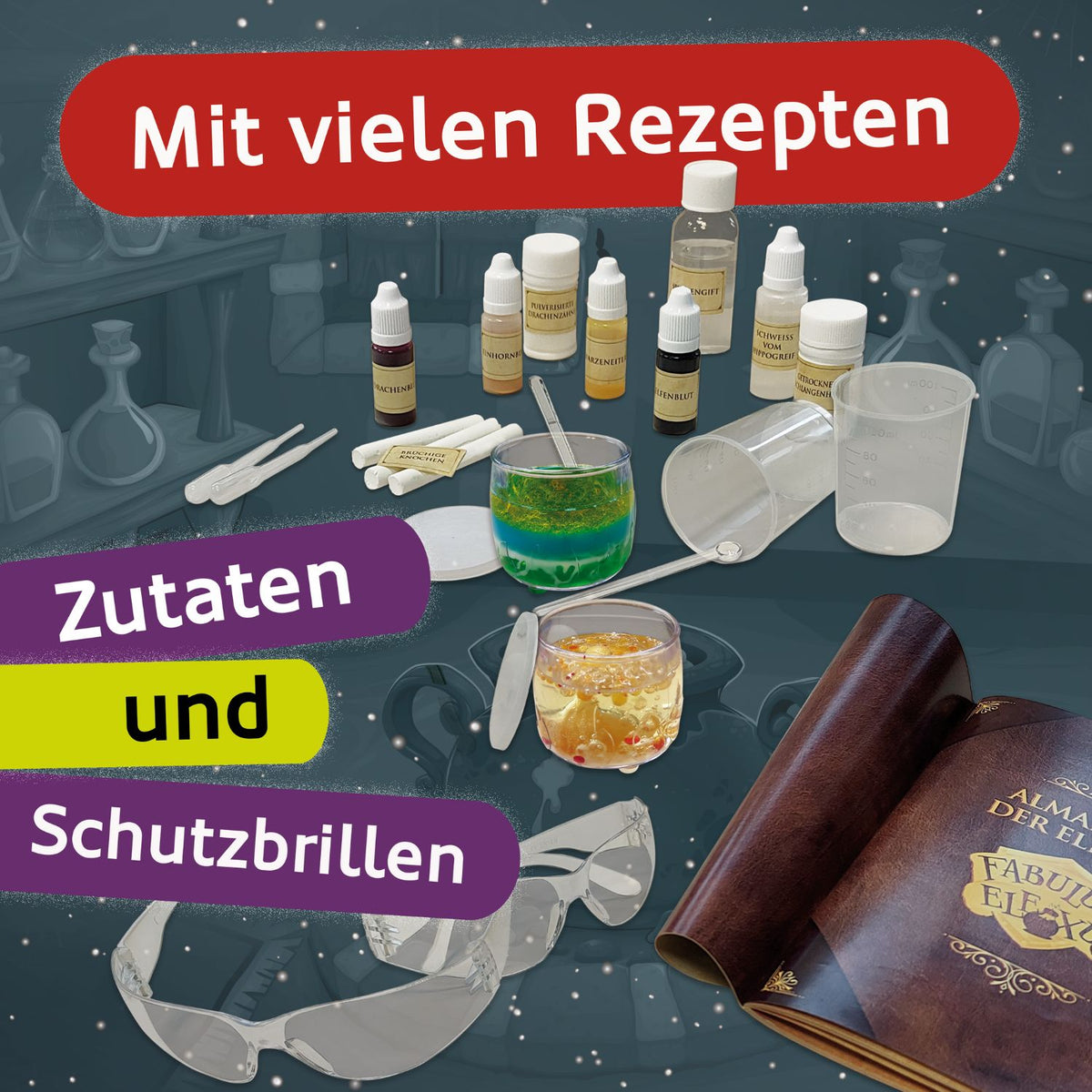 Experimentierkasten-Zubehör mit Fläschchen, Bechern, Schutzbrille und Messutensilien