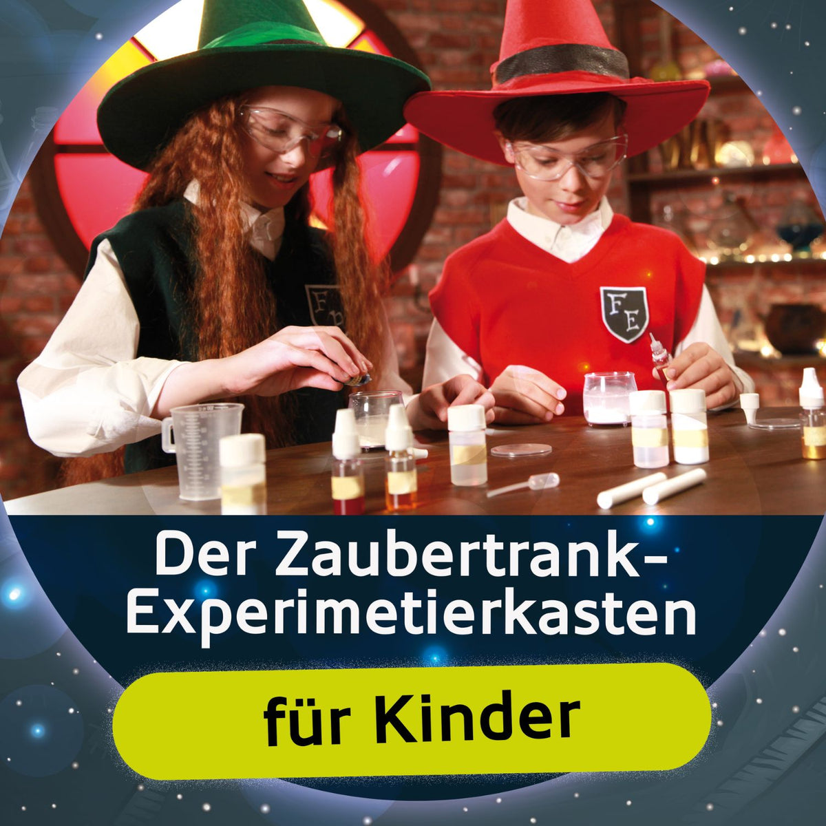 Experimentierkasten: Kinder gießen aus Fläschchen in Becher am Tisch