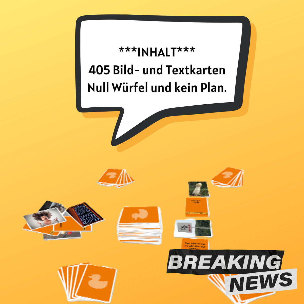 Bild- und Textkarten mit Sprechblase „INHALT“ und „405“