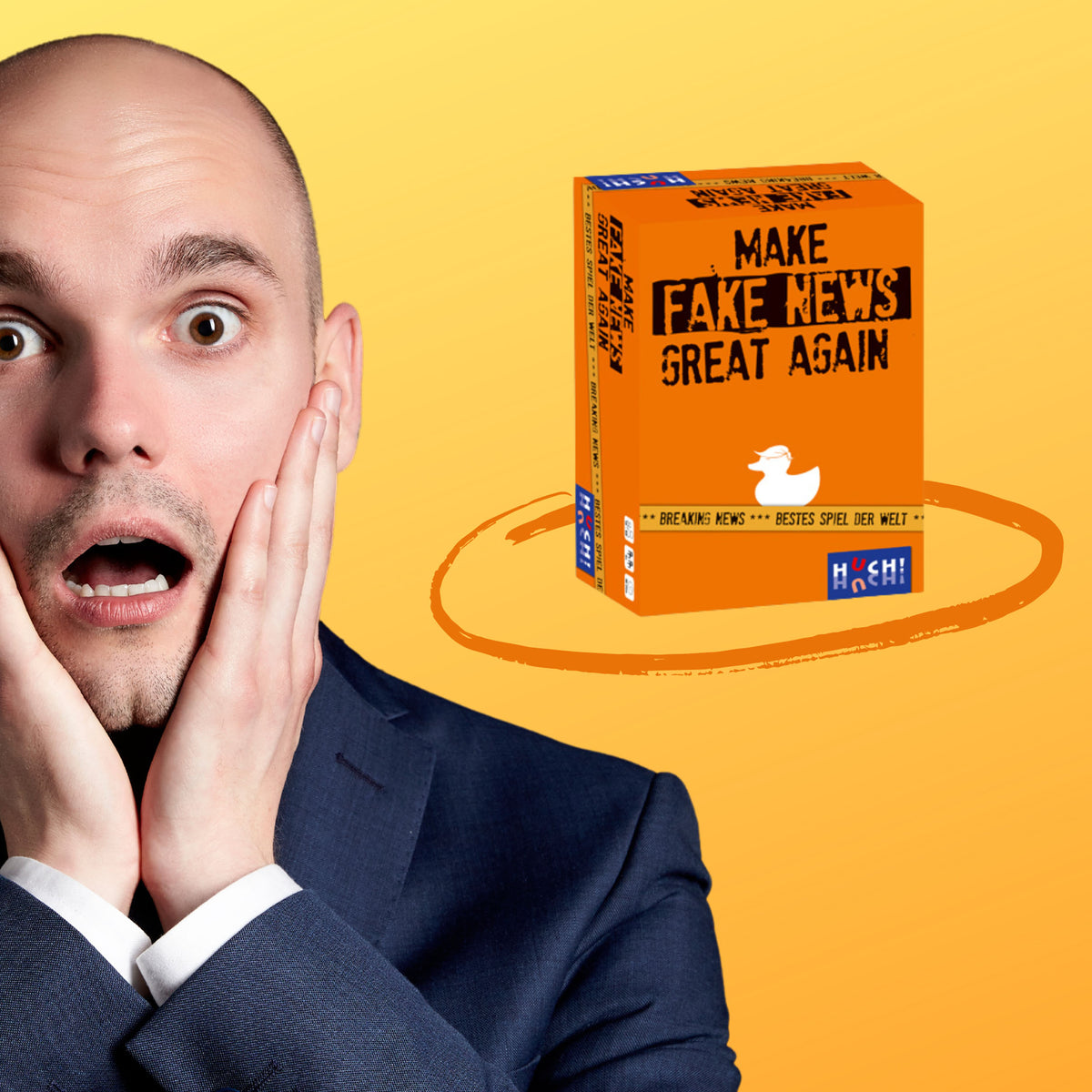Überraschter Mann neben Brettspielbox „Make Fake News Great Again“