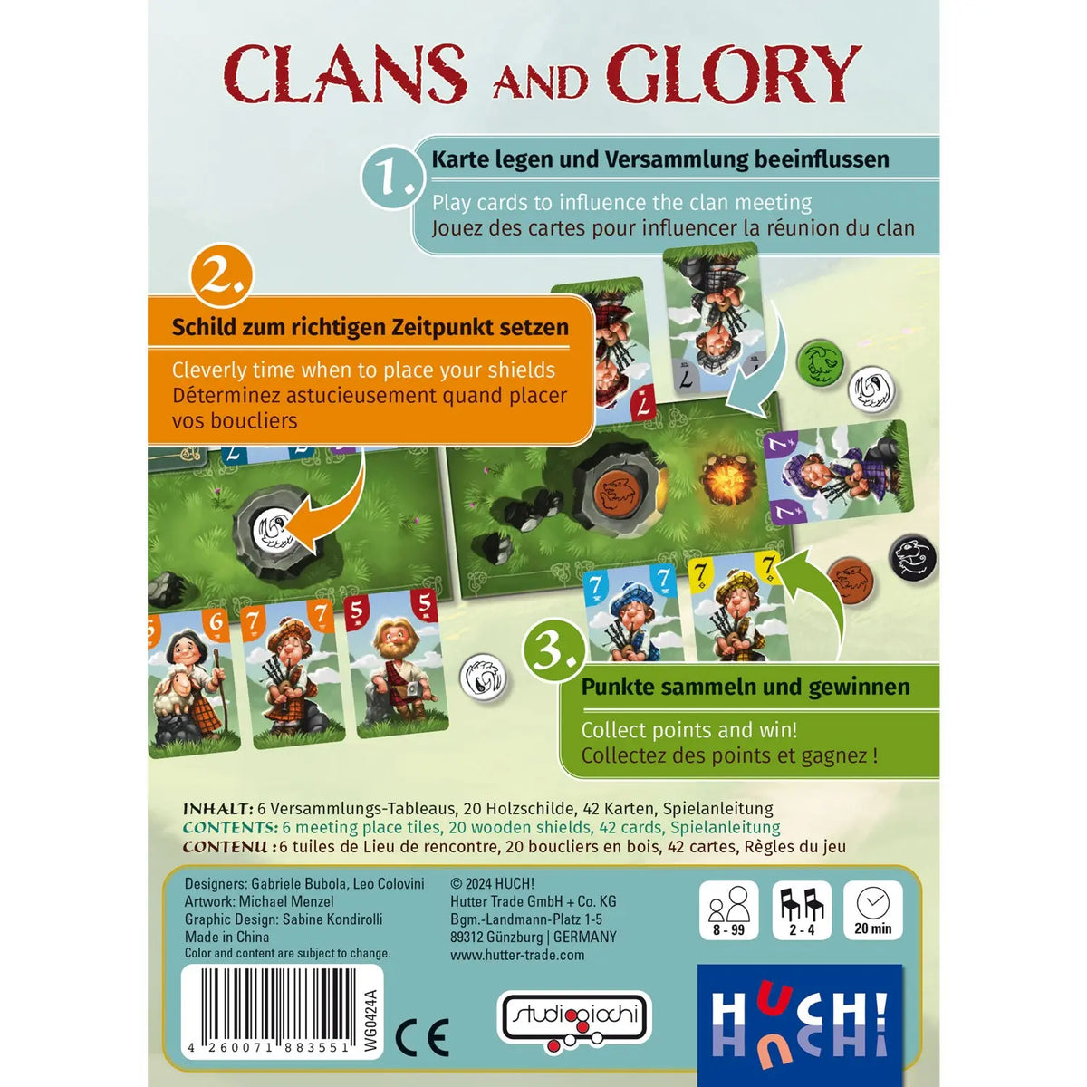Spielbox Clans and Glory mit Illustrationen und Regelübersicht