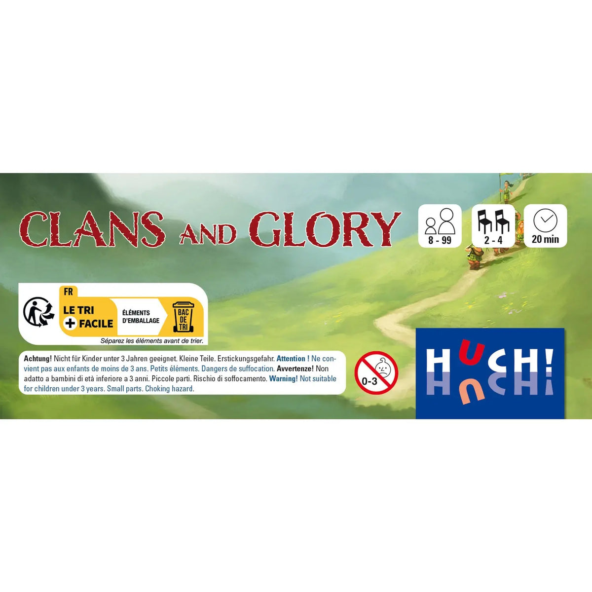 Spielbox-Rückseite Clans and Glory mit Inhalt, Altershinweis und Logos