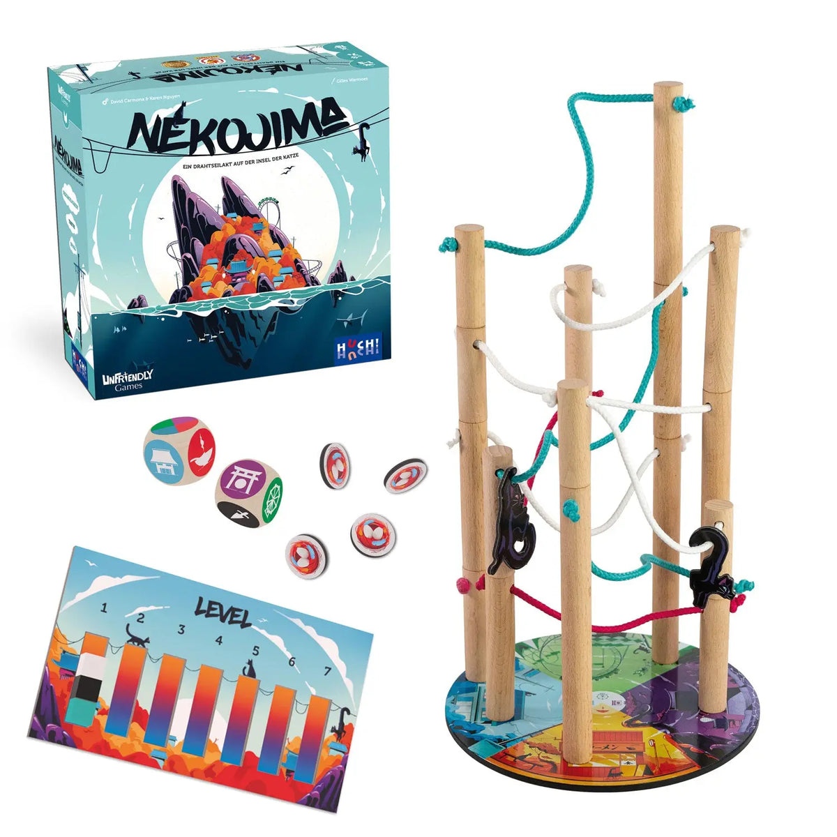Holz-Spielturm mit mehrfarbigen Seilen, Haken und runder Basis, Katzen-Geschicklichkeitsspiel