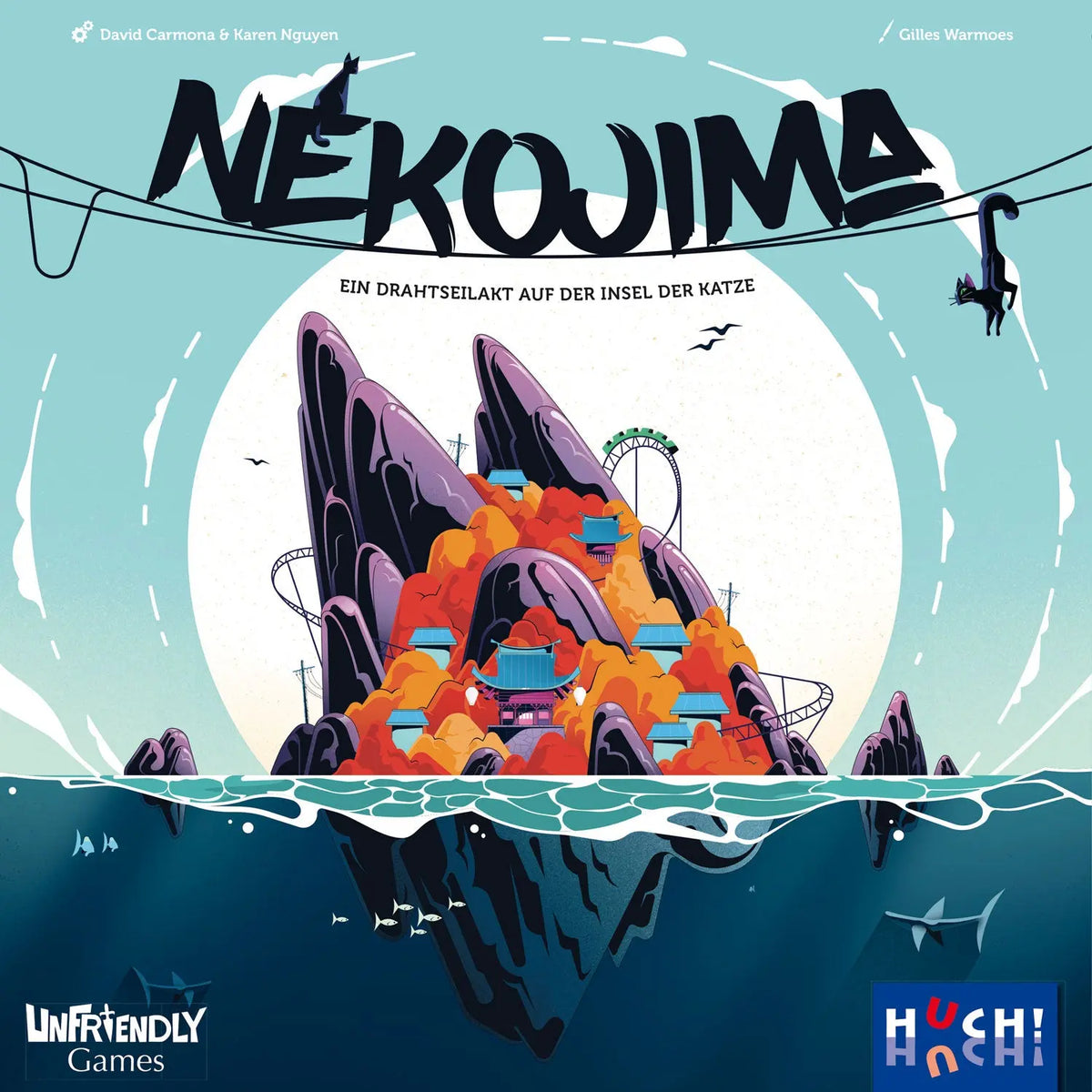 NekoJima Spielbox mit Katzeninsel-Motiv, Seilbogen und buntem Spielaufbau