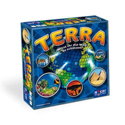 Brettspielbox Terra mit Weltkarte, runden Motiven und Chipsymbolen