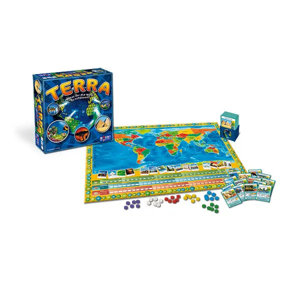 Terra Brettspielset mit ausgeklapptem Weltplan, Karten und Spielchips