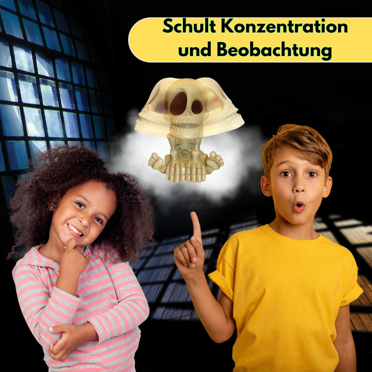 Beige Totenkopf-Figurine mit dunklen Augenhöhlen und goldfarbenen Händen