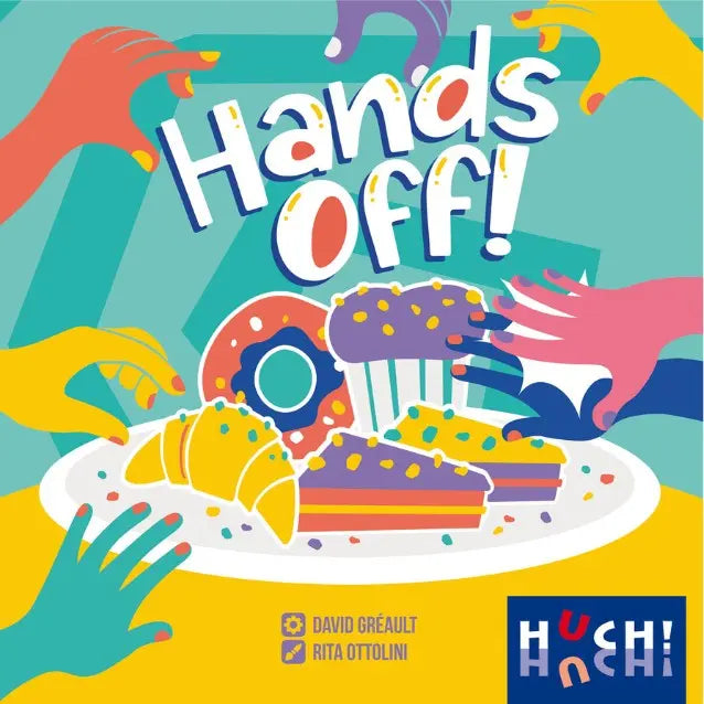 Spiel „Hände weg!“ Box-Front mit Essen-Illustrationen, Titel „Hands off!“