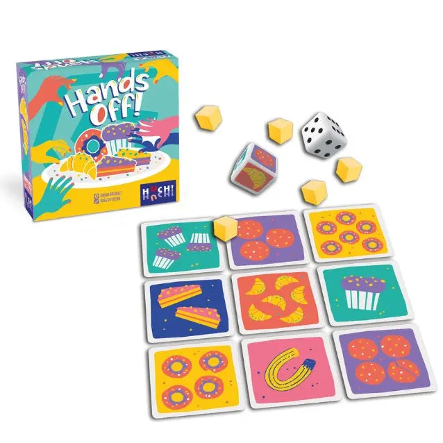 Spiel „Hände weg!“-Box mit Kartenraster und Würfeln