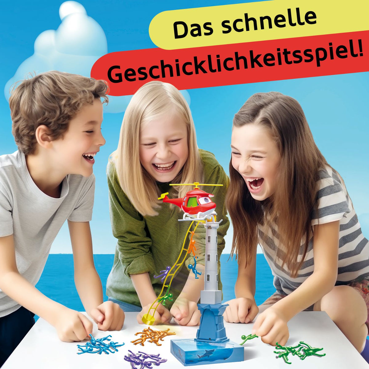 Kinder beim Spielen mit Rettungshubschrauber-Spielzeug und bunten Figuren am Turm