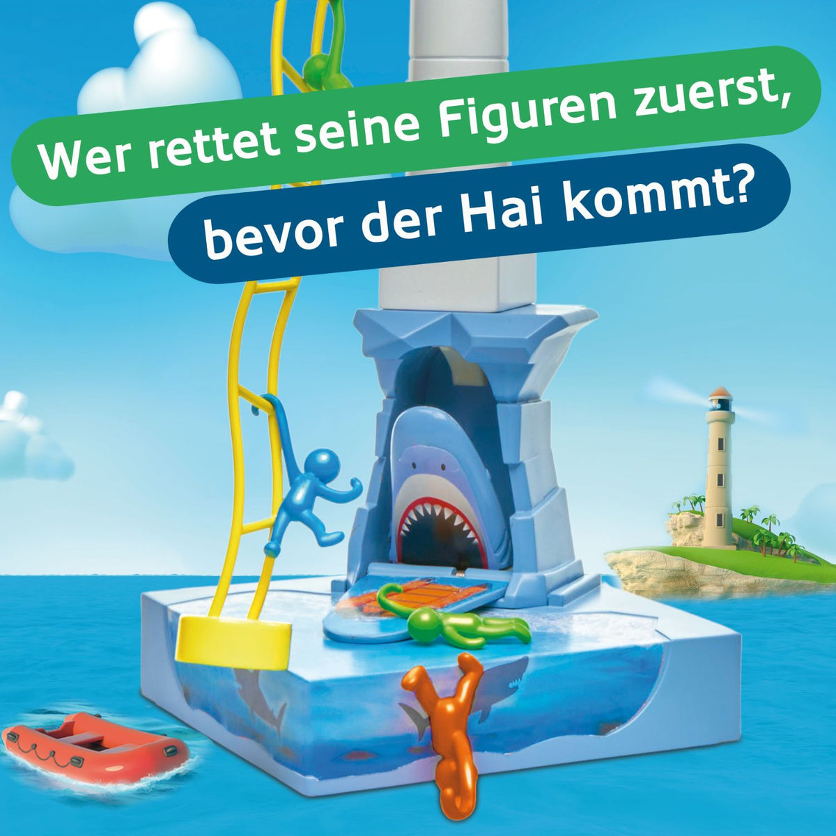 Blauer Spielturm mit großer Öffnung und bunten Figuren auf dem Sockel