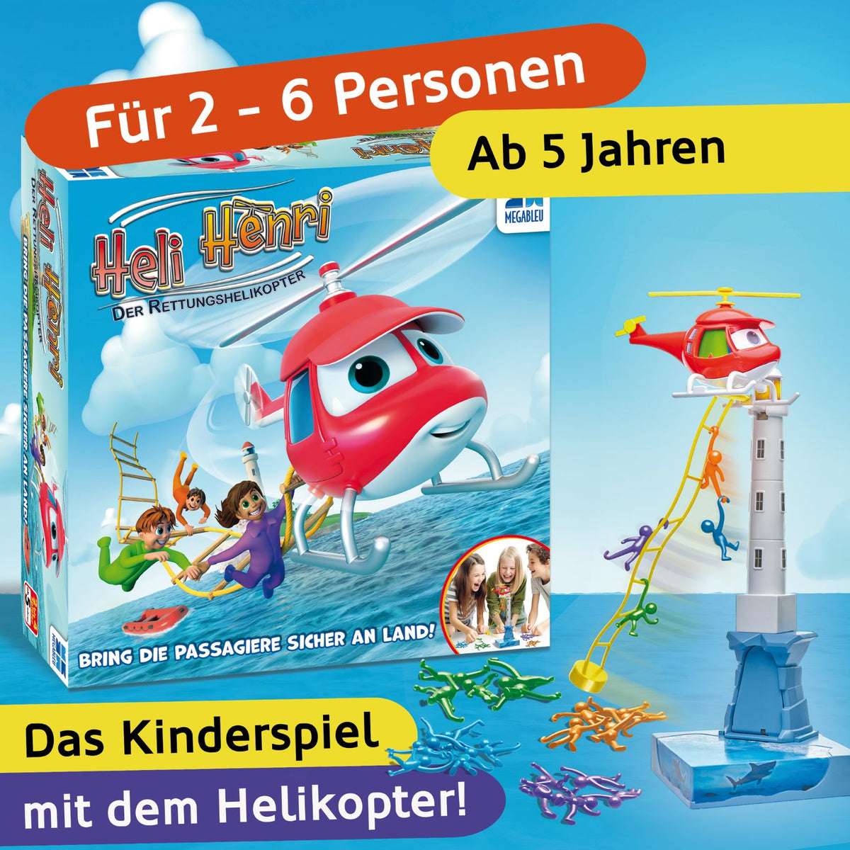 Spielzeugpackung mit rotem Rettungshubschrauber und Figuren, für 2–6 Personen
