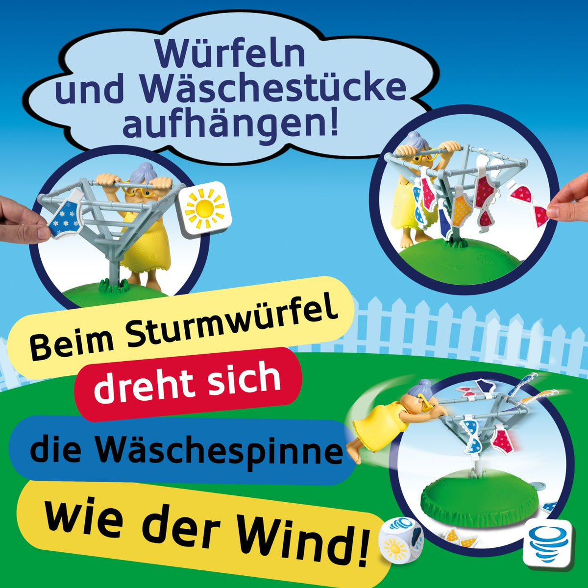 Spielzeug-Wäschespinne mit grüner Basis, transparenten Armen und gelben Wäscheklammern