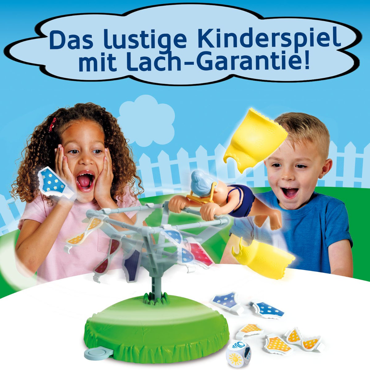 Spielzeug-Wäschespinne mit grüner Basis und transparentem Gestell, Wäscheklammern und Zubehör