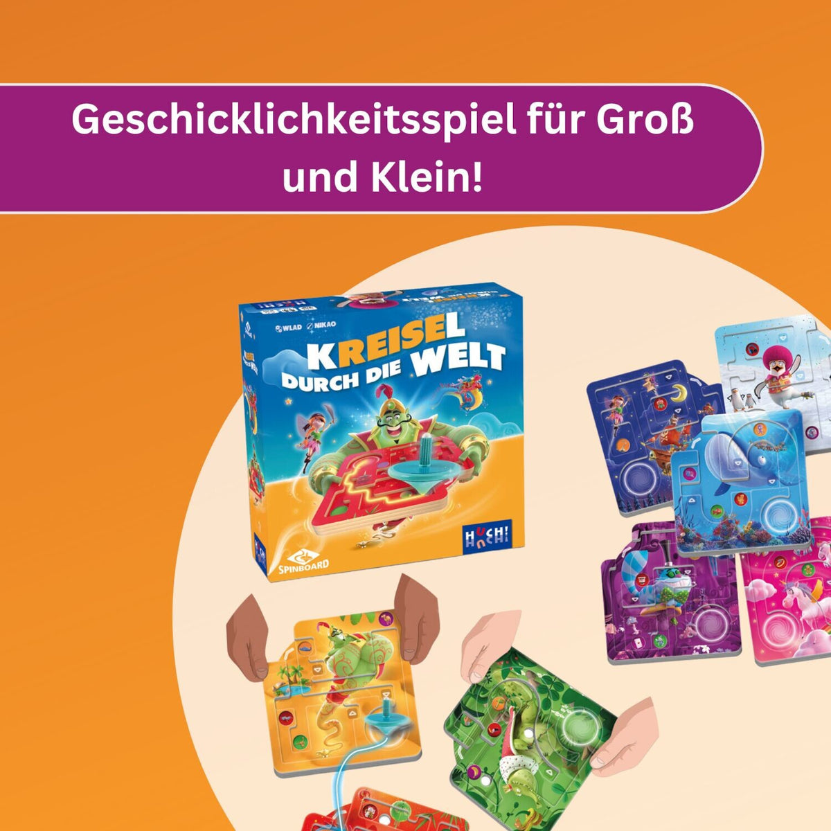Spielbox und Zusatzkarten zum Spiel „Kreisel durch die Welt“, farbenfrohes Set