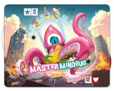 Spielbox-Front mit „Master MindBug“-Titel und pinkem Monster über Stadtkulisse