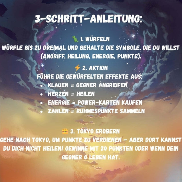 Regelblatt mit Überschrift „3-Schritt-Anleitung“ und Auflistung von Spielaktionen