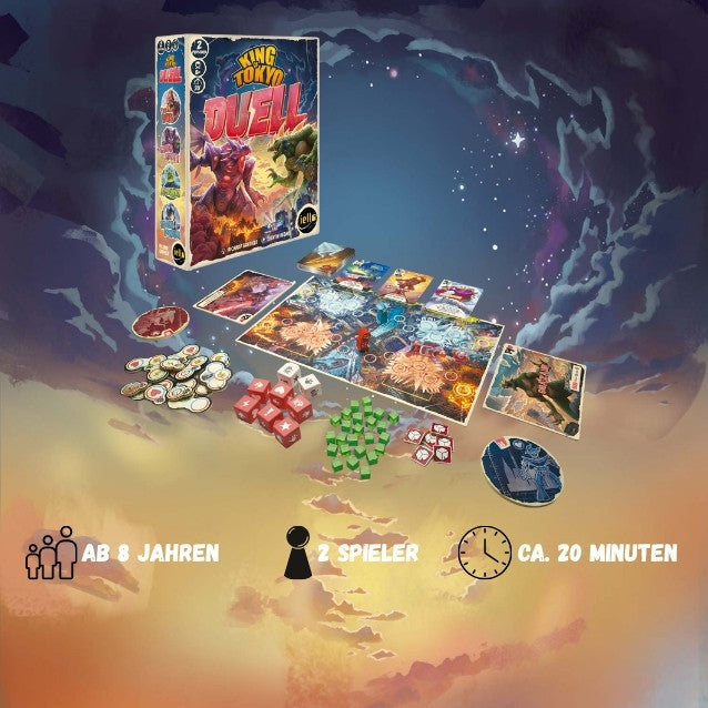 Brettspiel-Setup „DUELL“ mit Karten, Würfeln, Chips und Figuren auf Spielbrett