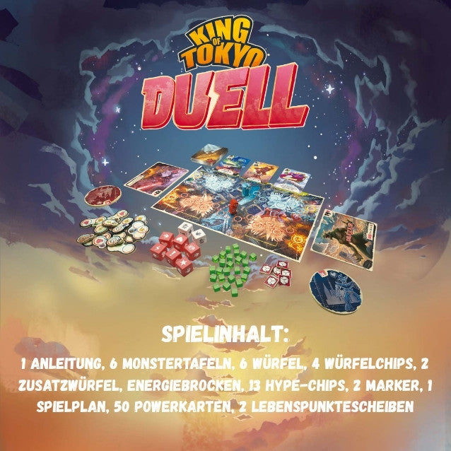 Brettspiel-Übersicht „DUELL“ mit Karten, Würfeln, Chips und Spielbestandteil-Liste