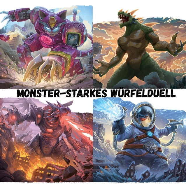 „Monster-Starkes Würfelduell“-Illustration mit vier Monstern in unterschiedlichen Szenen