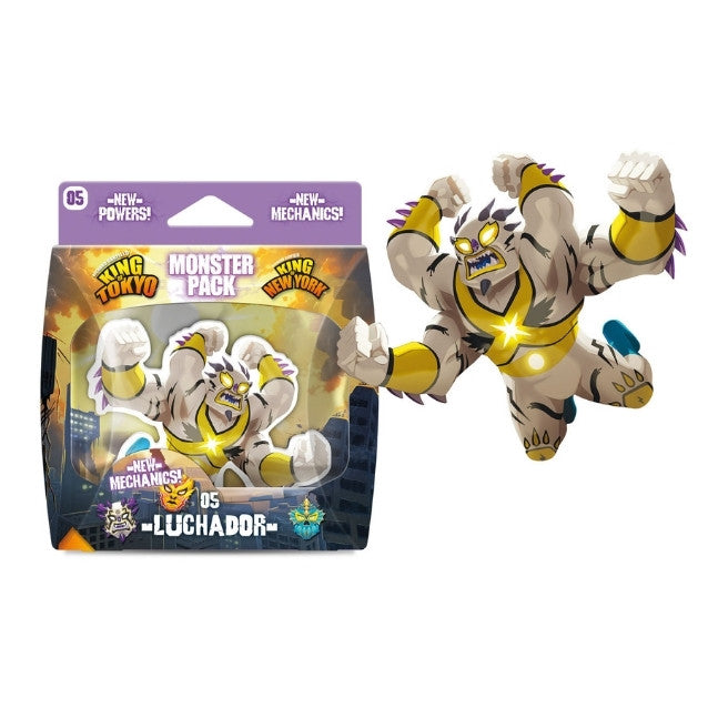 Monster-Pack-Verpackung mit Luchador-Figur in Gelb, Grau und Gold auf Display