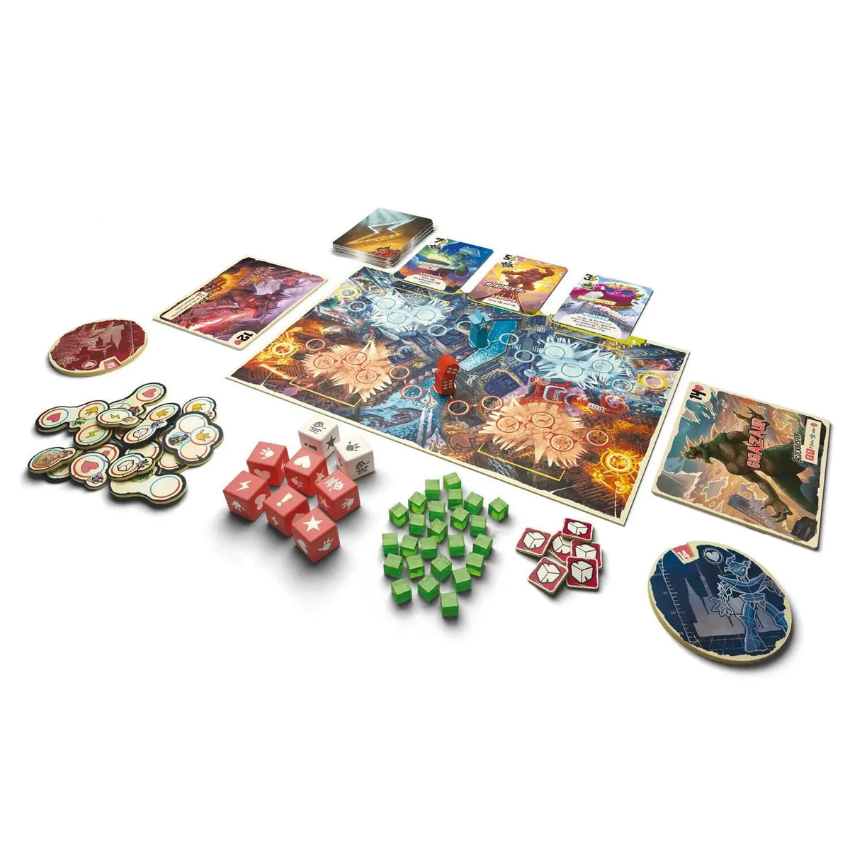 Brettspielzubehör auf dem Spielplan: Würfel, Karten und farbige Tokens